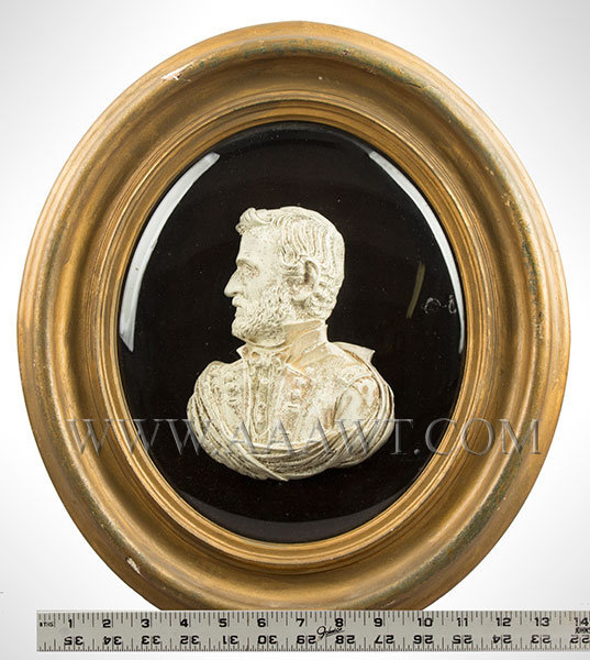 Bas Relief Bust Shell, General U.S. Grant, White Frosted on Convex Tin Shell
Manufactured by Huntington, Loretz and Co., 142 Fulton Street, New York
Circa 1865, scale view